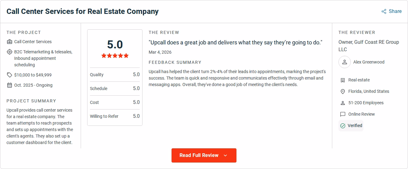 Verified five-star Clutch review of Upcall from the owner of Gulf Coast RE Group, dated March 4, 2026