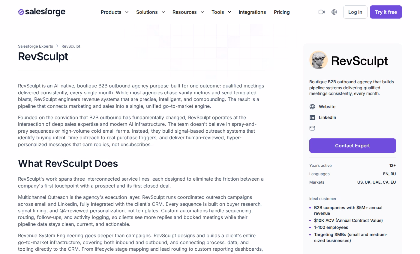 RevSculpt profile on the Forge Expert directory describing its signal-based outbound systems