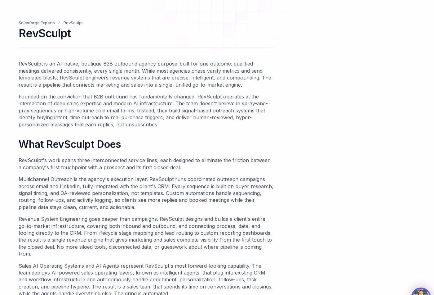 RevSculpt profile on the Salesforge Forge Expert directory describing signal-based outbound systems and qualified meeting outcomes