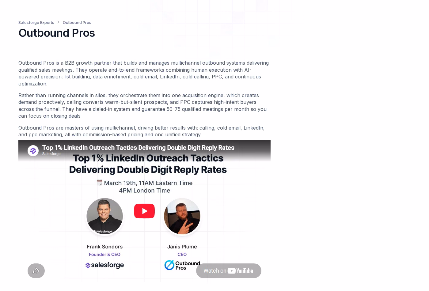 Outbound Pros profile on the Salesforge Forge Expert directory showing its multichannel model and 50 to 75 meetings per month guarantee