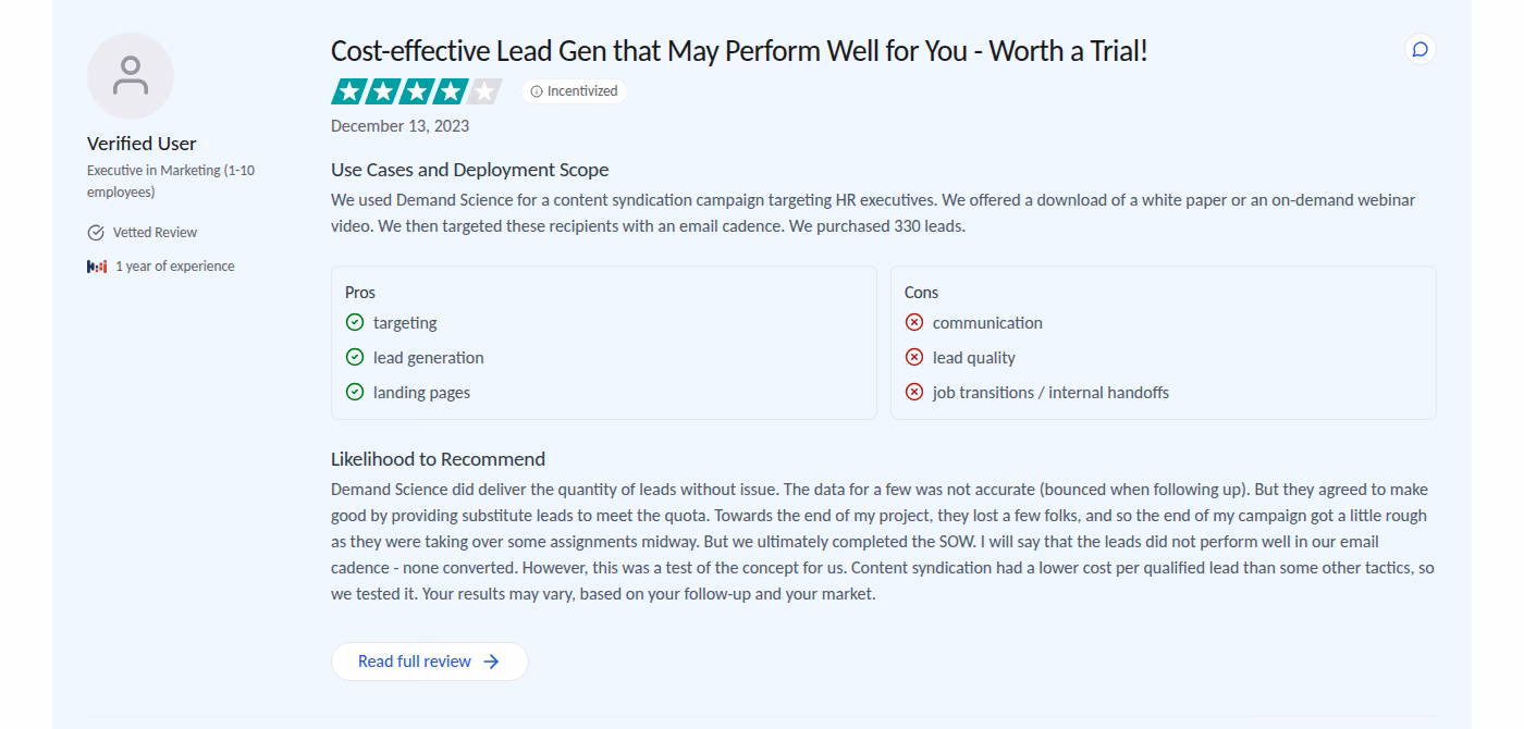 Vetted TrustRadius review of DemandScience from December 13, 2023 listing pros and cons including lead quality and internal handoffs