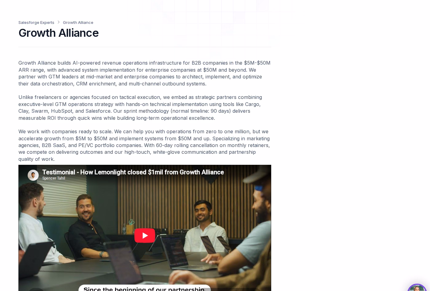 Growth Alliance profile on the Salesforge Forge Expert directory describing embedded revenue operations for 5M to 50M ARR companies