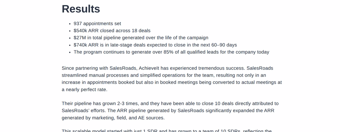 Results section of the AchieveIt case study on salesroads.com listing 937 appointments and $27M in pipeline