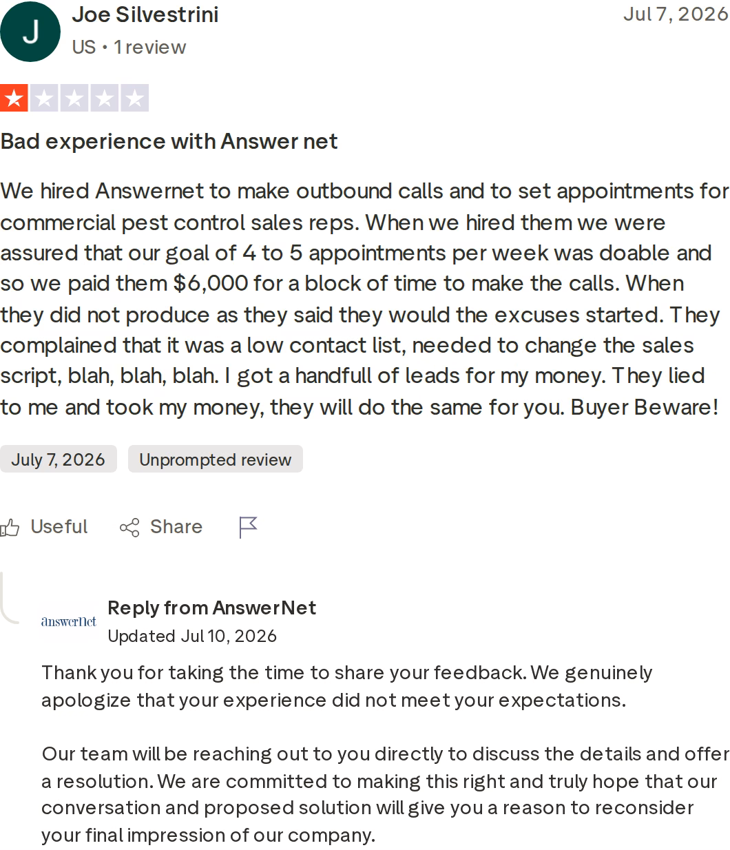 One-star Trustpilot review of AnswerNet from July 2026 about outbound appointment setting, with AnswerNet's public reply offering a resolution