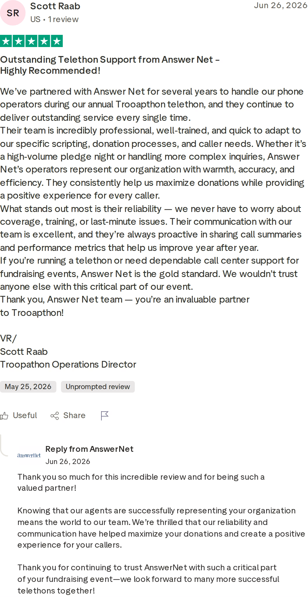 Five-star Trustpilot review of AnswerNet from Scott Raab dated June 26, 2026, praising telethon phone operator support