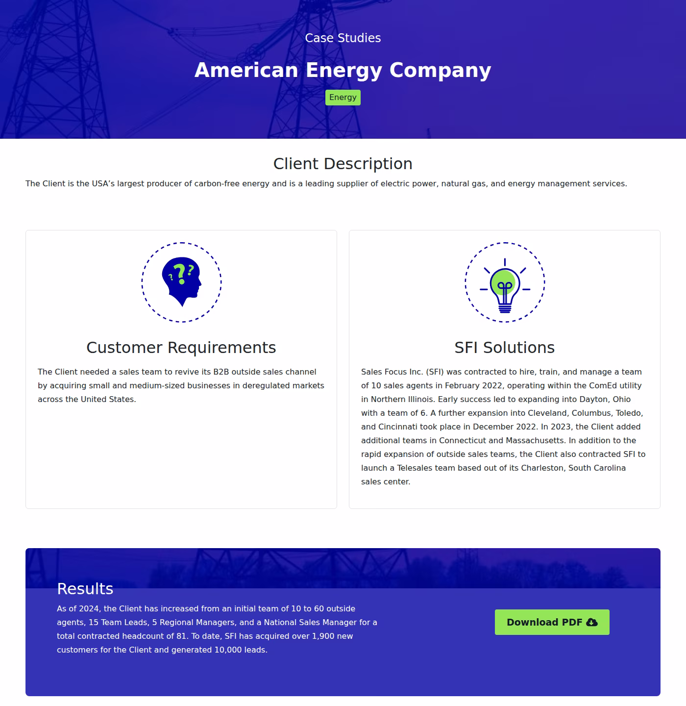 Sales Focus Inc case study page for an American energy company showing customer requirements, SFI solutions and results including a contracted headcount of 81 and over 1,900 new customers