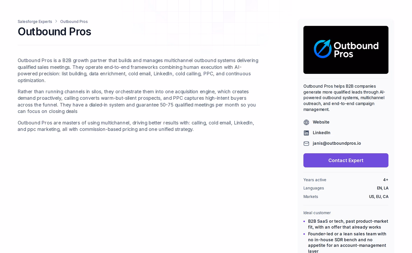 Outbound Pros profile page on the Salesforge Forge Expert directory showing services, markets, and ideal customer