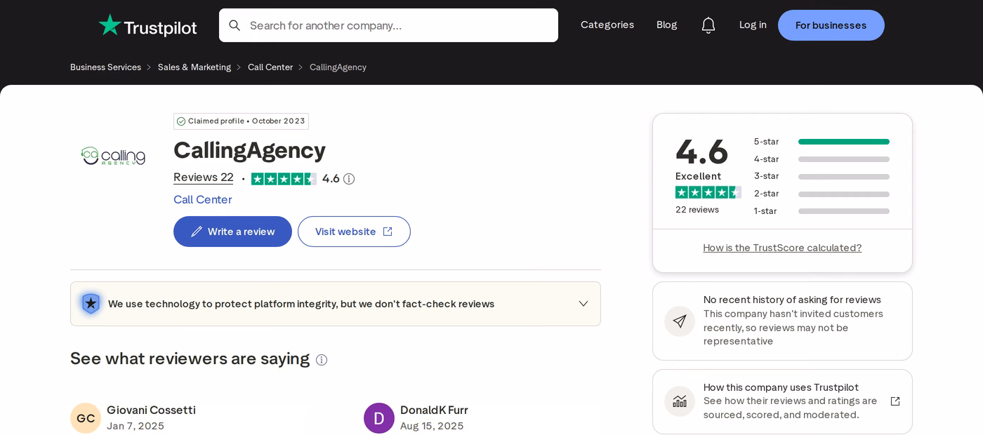 Calling Agency Trustpilot profile showing a 4.6 rating from 22 reviews, captured August 2026