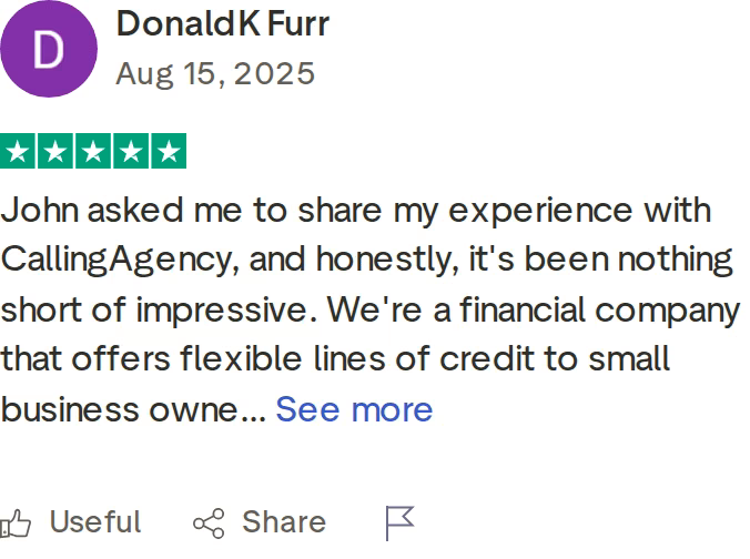 Verified five-star Trustpilot review of Calling Agency from DonaldK Furr, dated August 15, 2025