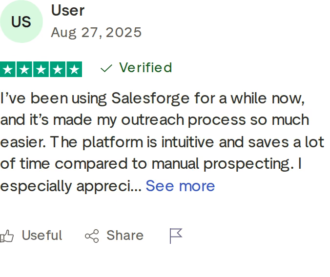 Verified five-star Trustpilot review of Salesforge dated August 27, 2025