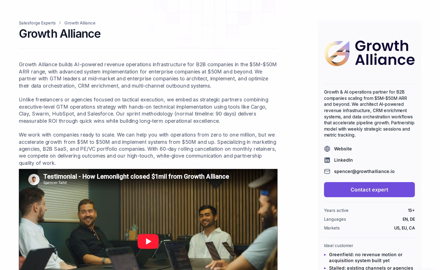 Growth Alliance profile page on the Salesforge Forge Expert directory showing pricing, markets, and services