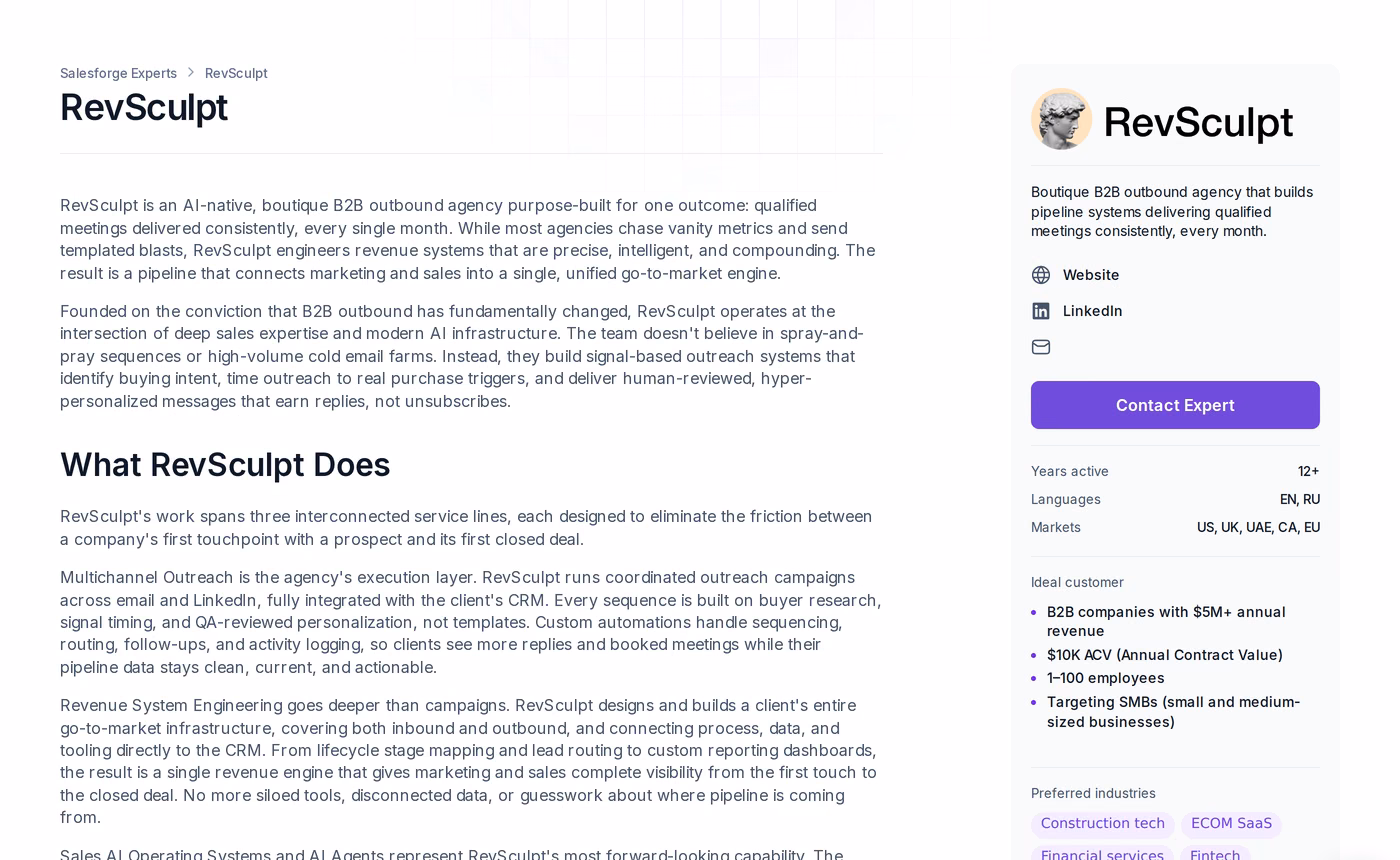 RevSculpt profile page on the Salesforge Forge Expert directory describing signal-based outbound systems