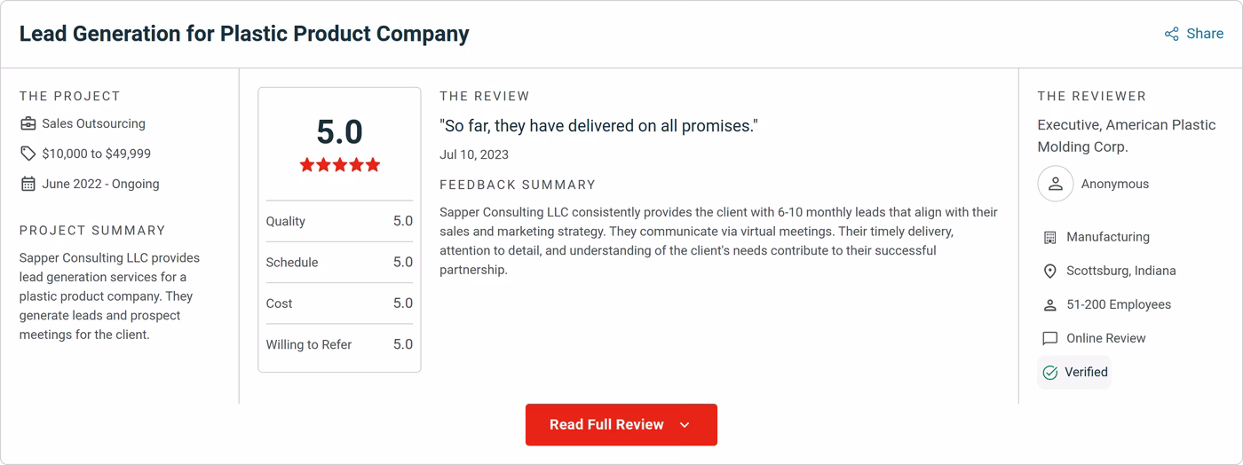 Verified Clutch review of Sapper Consulting from an executive at American Plastic Molding Corp, rated 5.0, dated 10 July 2023