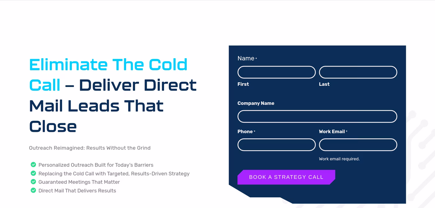 Sapper Consulting homepage hero reading Eliminate the Cold Call, Deliver Direct Mail Leads That Close, with a strategy call form