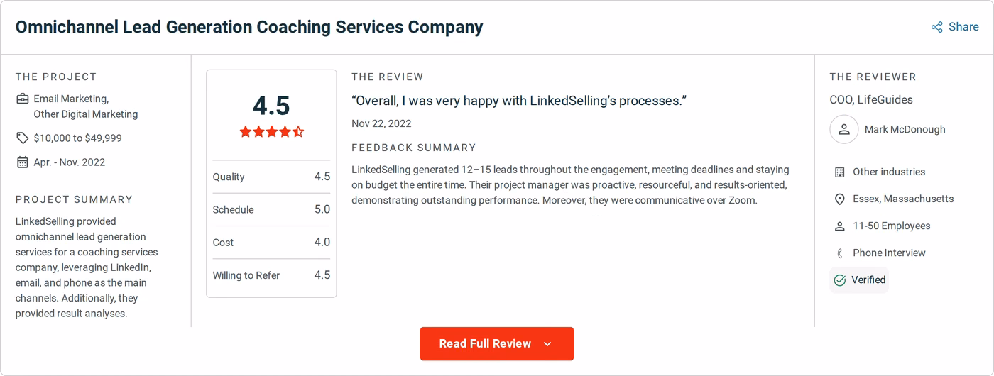 Verified Clutch review of LinkedSelling from the COO of LifeGuides, rated 4.5, dated 22 November 2022