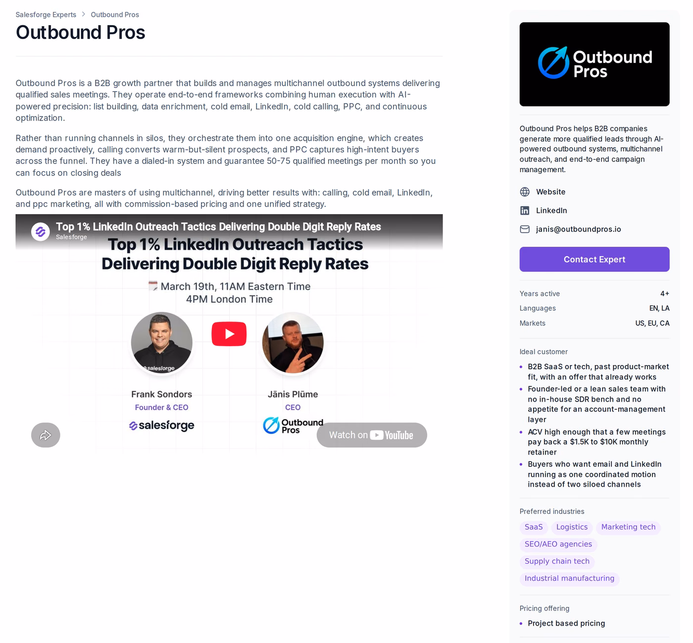 Outbound Pros profile page in the Forge Expert Network showing services, markets, pricing band and stated deliverability practices