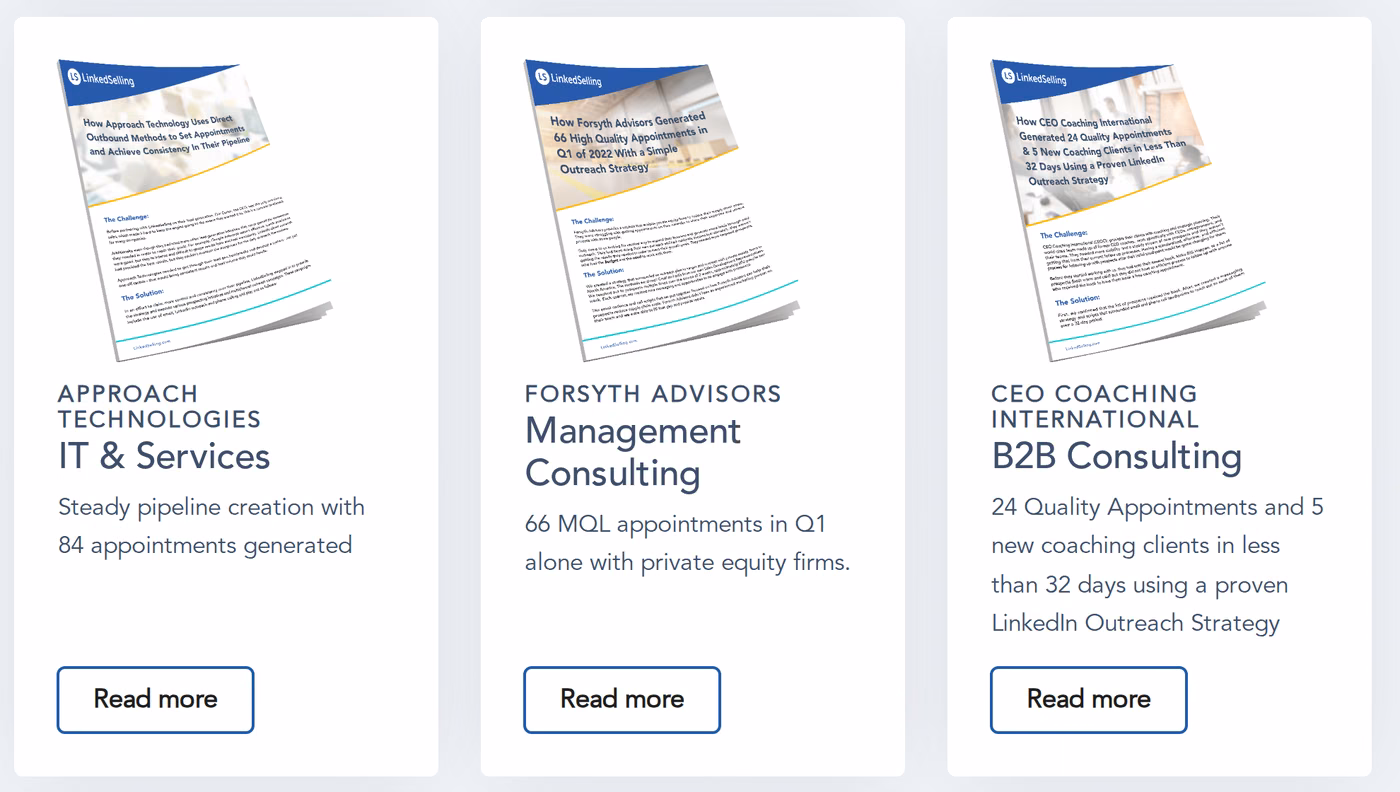 Three LinkedSelling case study cards on their results page showing appointment counts for Approach Technologies, Forsyth Advisors and CEO Coaching International