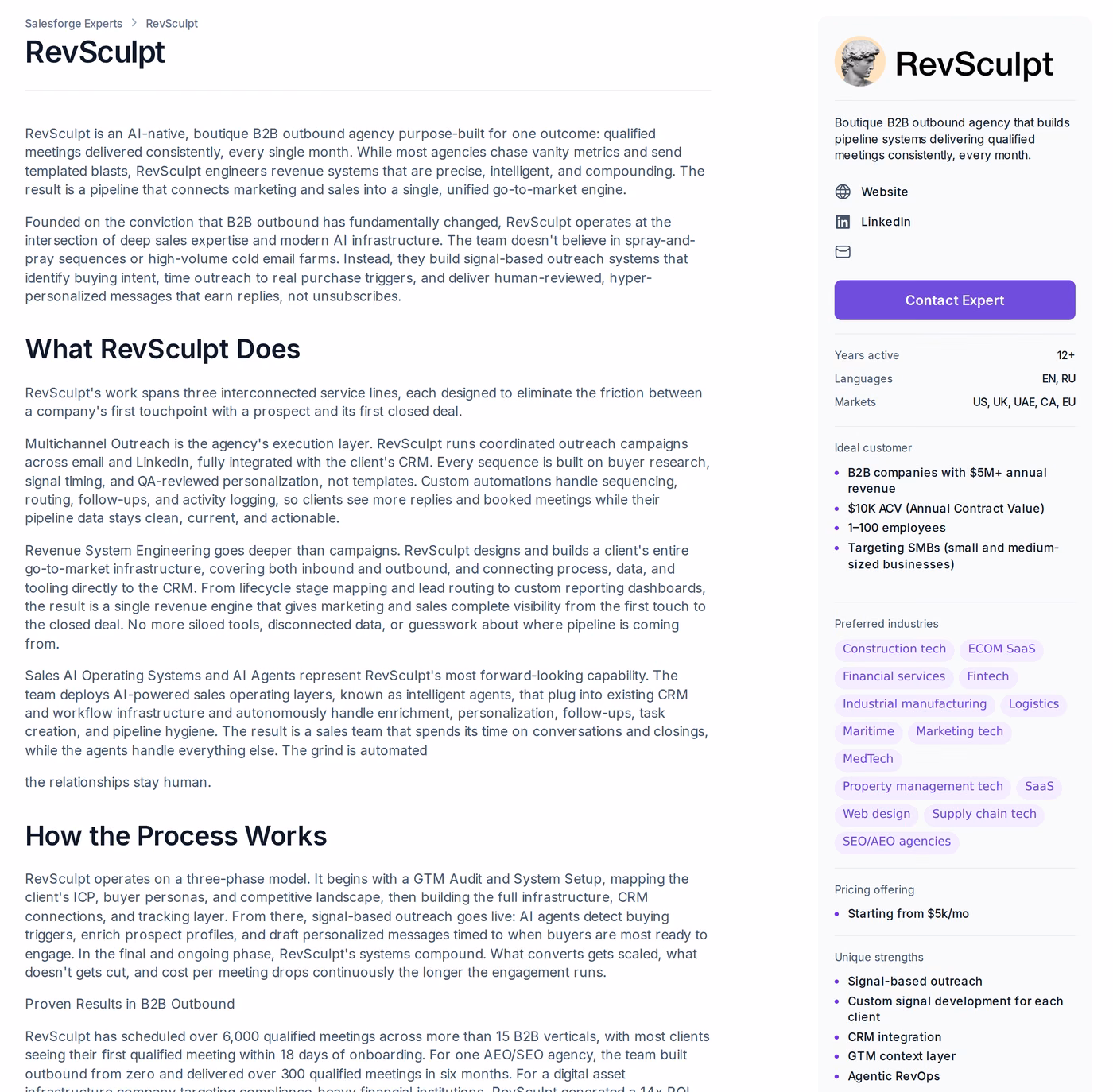 RevSculpt profile page in the Forge Expert Network showing signal-based outreach services, verticals, markets and pricing