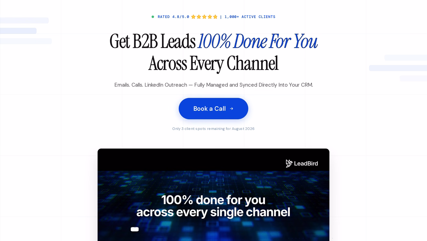 LeadBird homepage hero advertising a 4.8/5 rating and 1,000+ active clients above the headline offer