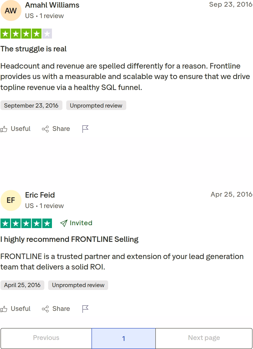 Both Trustpilot reviews of FRONTLINE Selling, dated September 2016 and April 2016, showing 4-star and 5-star ratings