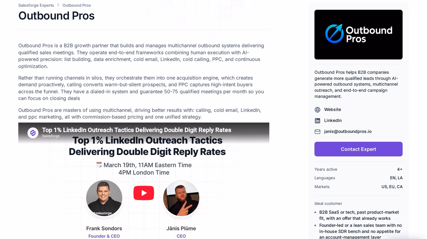Outbound Pros profile page in the Salesforge Forge Expert directory showing services, markets and ideal customer