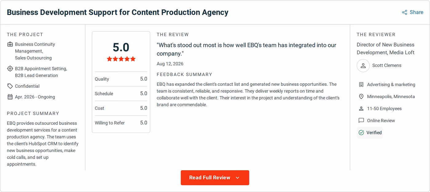 Verified Clutch review of EBQ from a Media Loft new business director, rated 5.0, dated August 12, 2026
