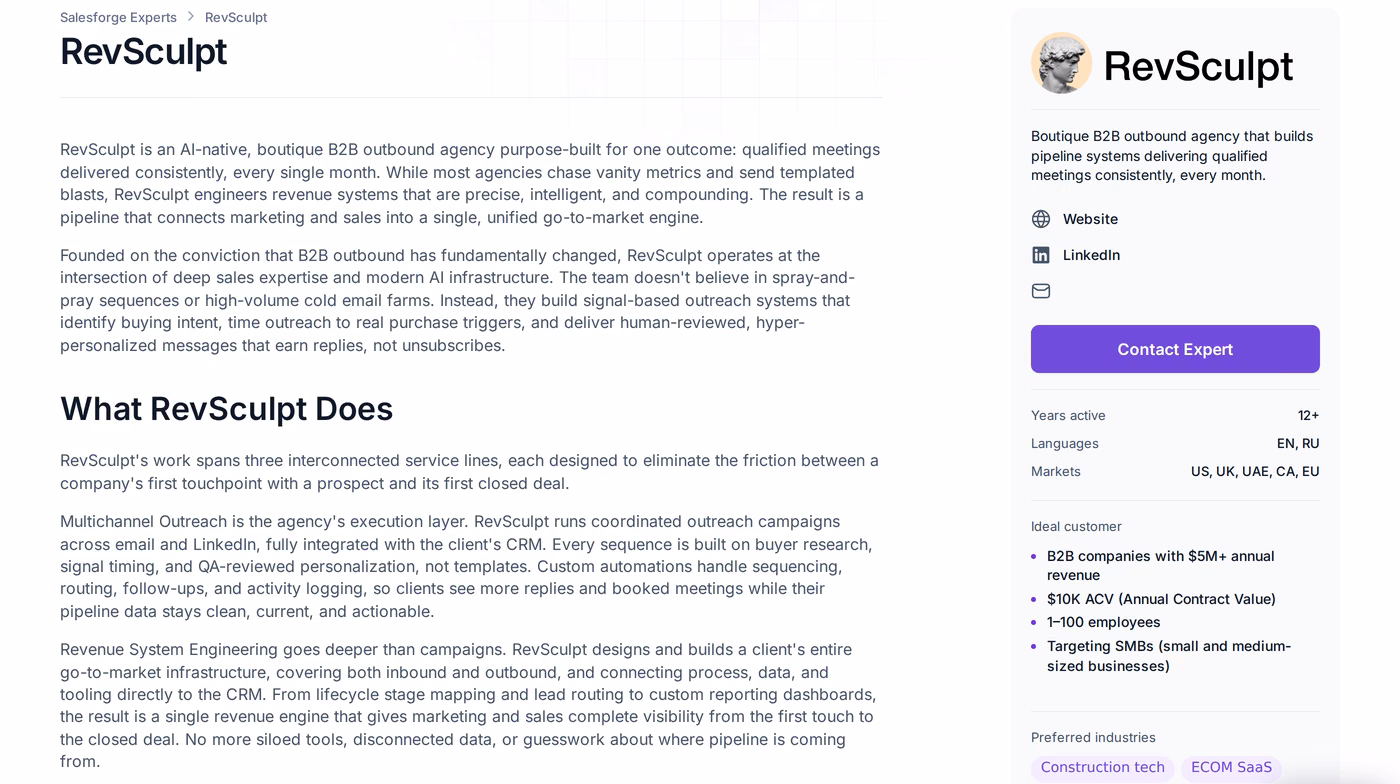 RevSculpt profile page in the Salesforge Forge Expert directory showing signal-based outreach strengths and markets