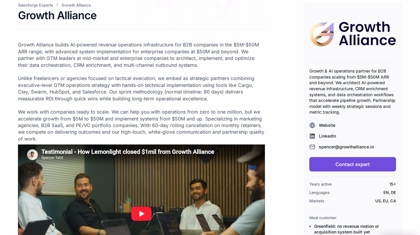 Growth Alliance profile page in the Salesforge Forge Expert directory showing pricing, cancellation terms and markets