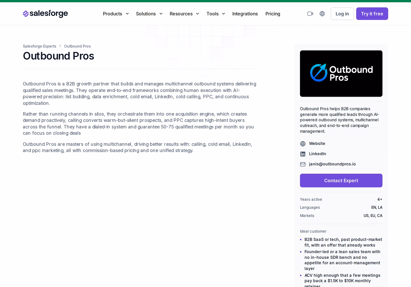 Outbound Pros profile page in the Salesforge Forge Expert directory showing the profile description, markets served, and ideal customer criteria