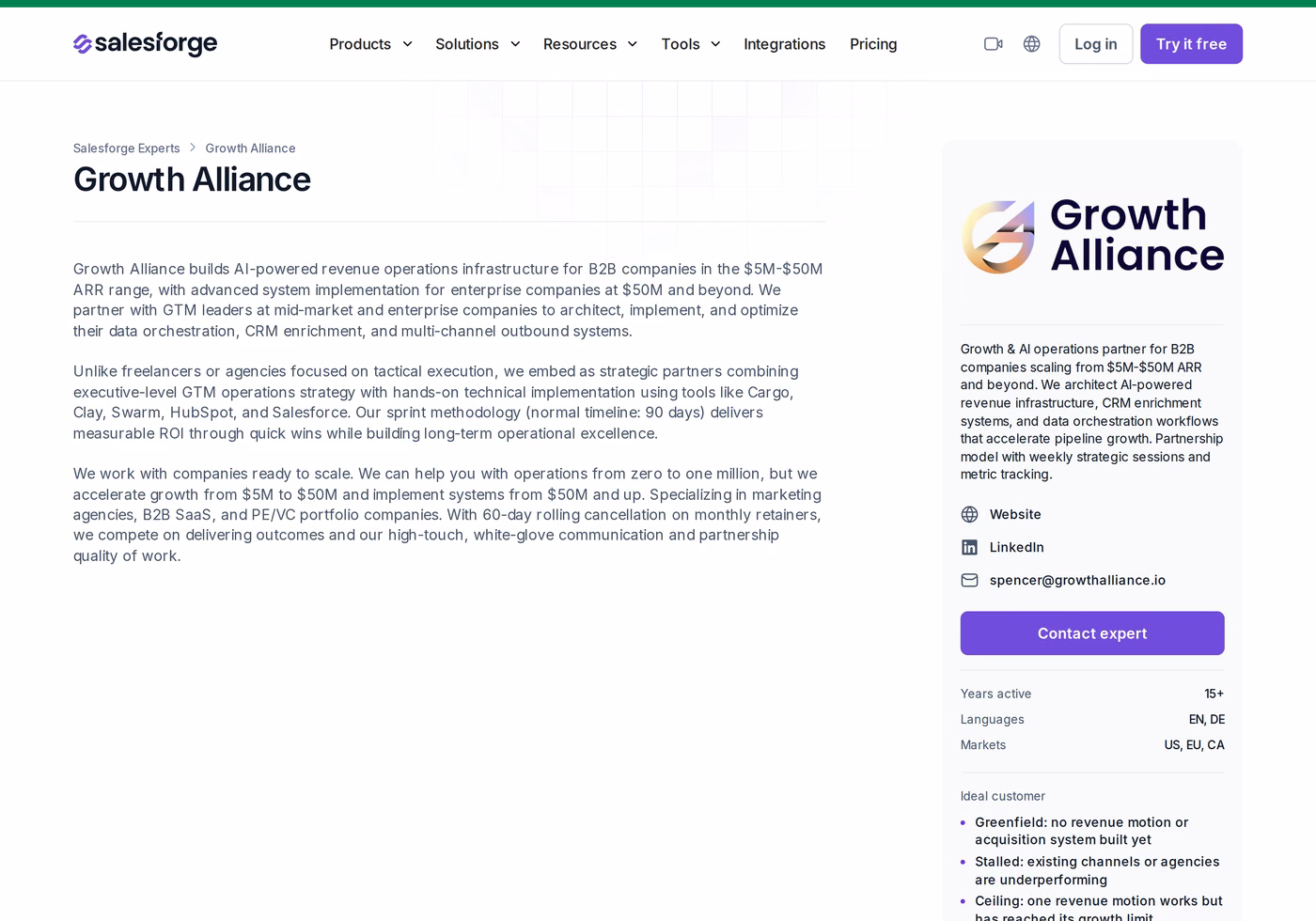 Growth Alliance profile page in the Salesforge Forge Expert directory showing the profile description, markets served, and ideal customer criteria