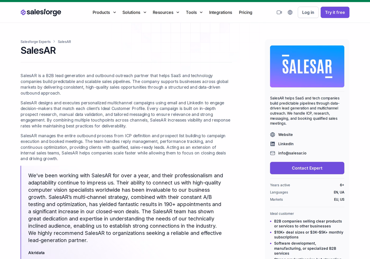 SalesAR profile page in the Salesforge Forge Expert directory showing the profile description, a client testimonial, and markets served