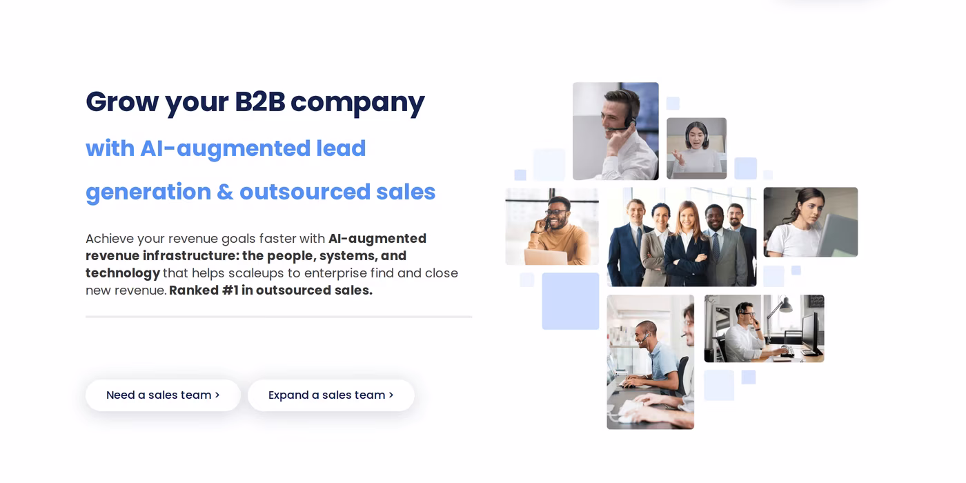 The Sales Factory homepage hero describing AI-augmented lead generation and outsourced sales for B2B companies