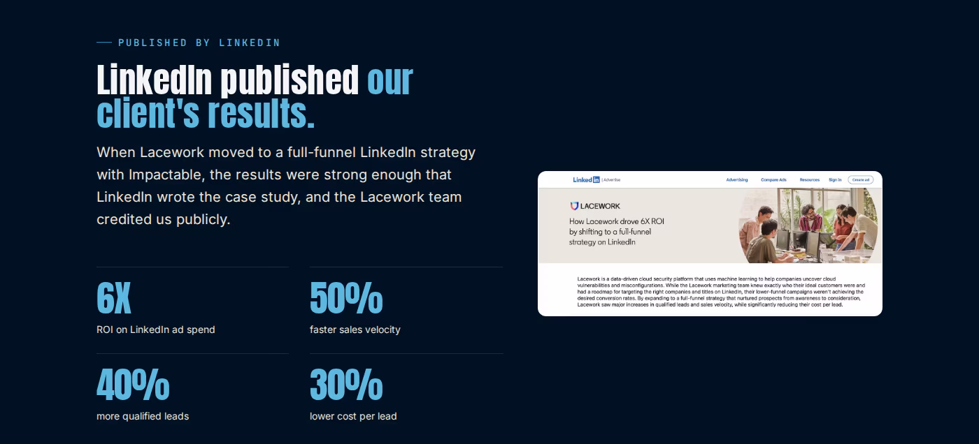 Impactable's published Lacework results showing 6X ROI on LinkedIn ad spend, 50% faster sales velocity, 40% more qualified leads, and 30% lower cost per lead