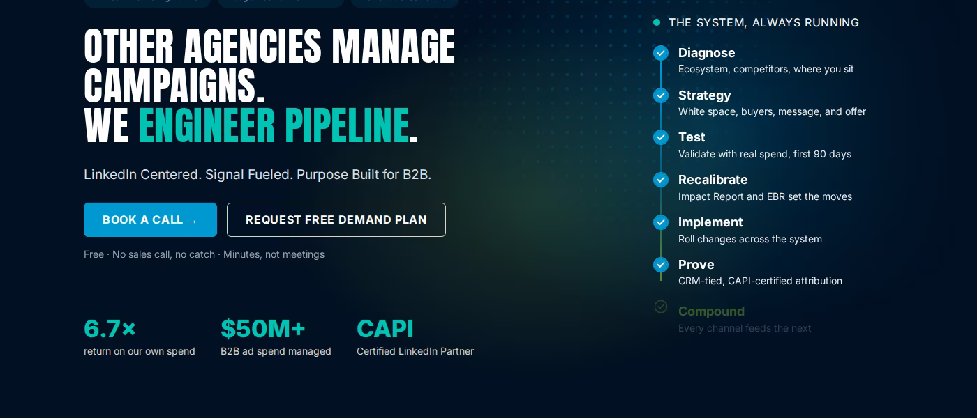 Impactable homepage hero reading Other Agencies Manage Campaigns. We Engineer Pipeline, with stats for 6.7x return, $50M+ ad spend managed, and CAPI certified LinkedIn Partner