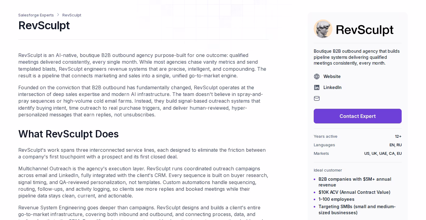 RevSculpt profile page in the Forge Expert directory describing their boutique signal-based B2B outbound approach