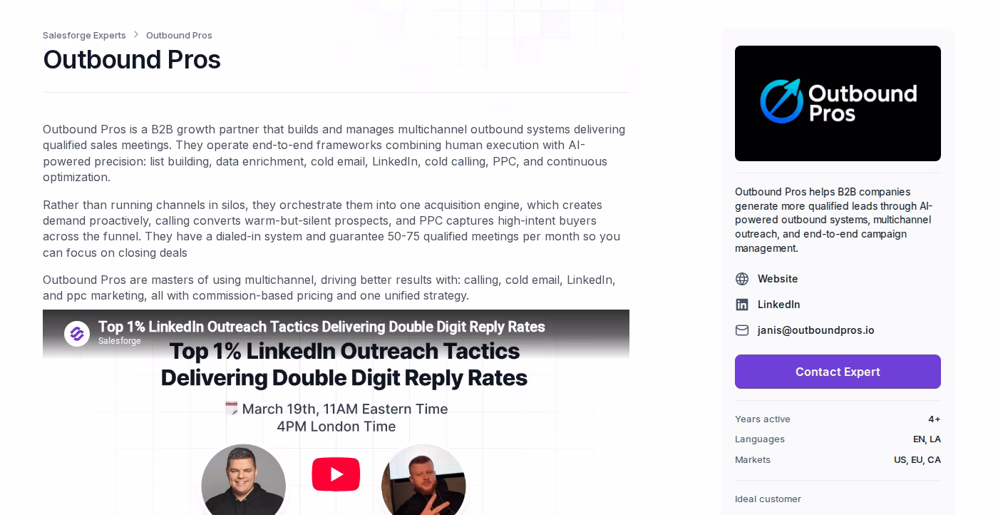 Outbound Pros profile page in the Forge Expert directory showing their multichannel description, meetings guarantee, and sidebar with markets and industries