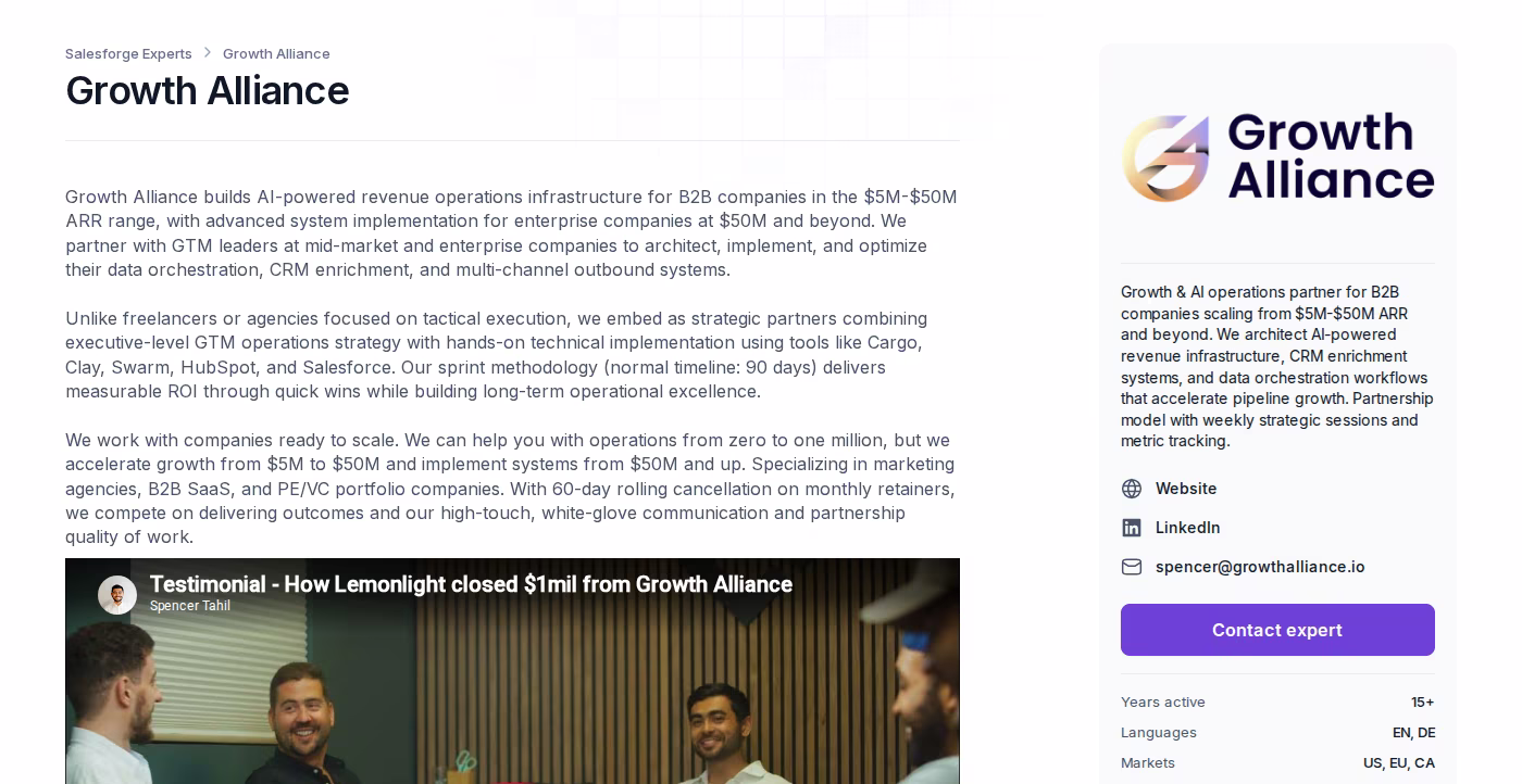 Growth Alliance profile page in the Forge Expert directory showing their revenue operations description and sidebar listing years active, languages, and markets