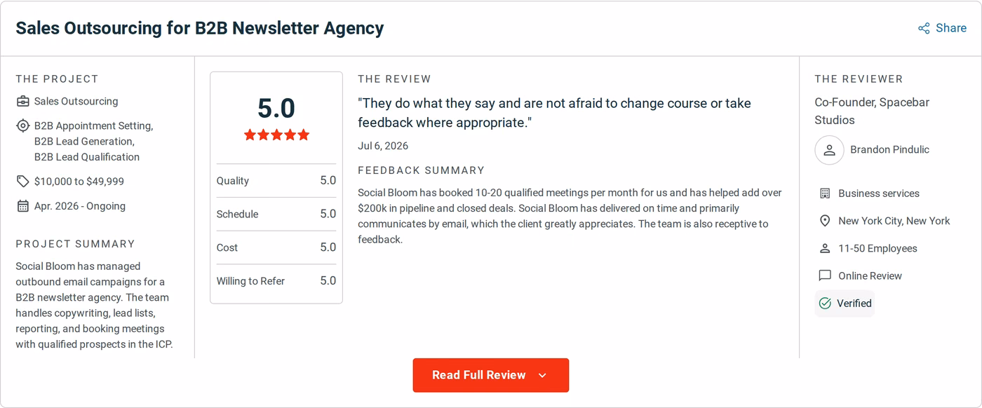 Verified Clutch review of Social Bloom from the co-founder of Spacebar Studios, rated 5.0, dated July 2026