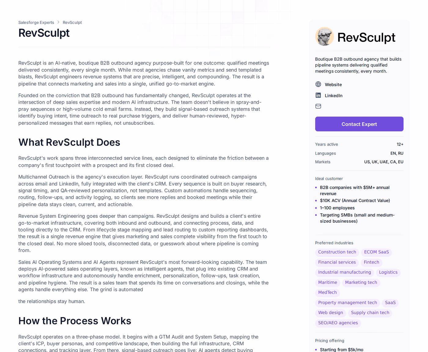 RevSculpt profile page in the Forge Expert directory listing preferred industries and pricing from $5k per month
