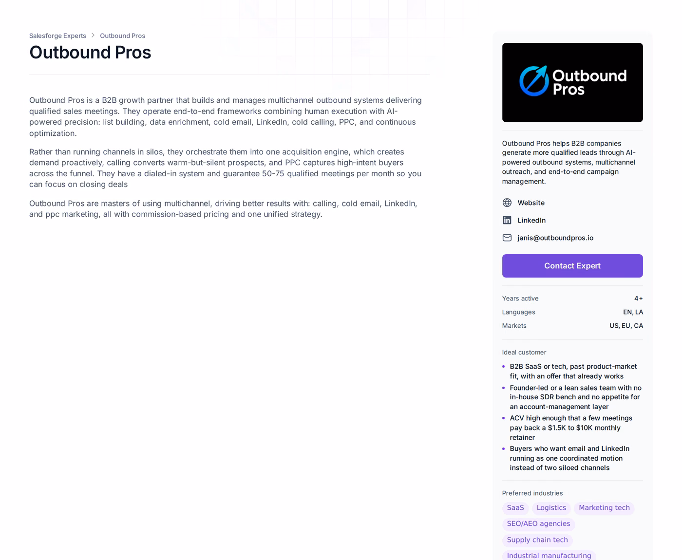 Outbound Pros profile page in the Salesforge Forge Expert directory showing markets, ideal customer, and stated guarantee