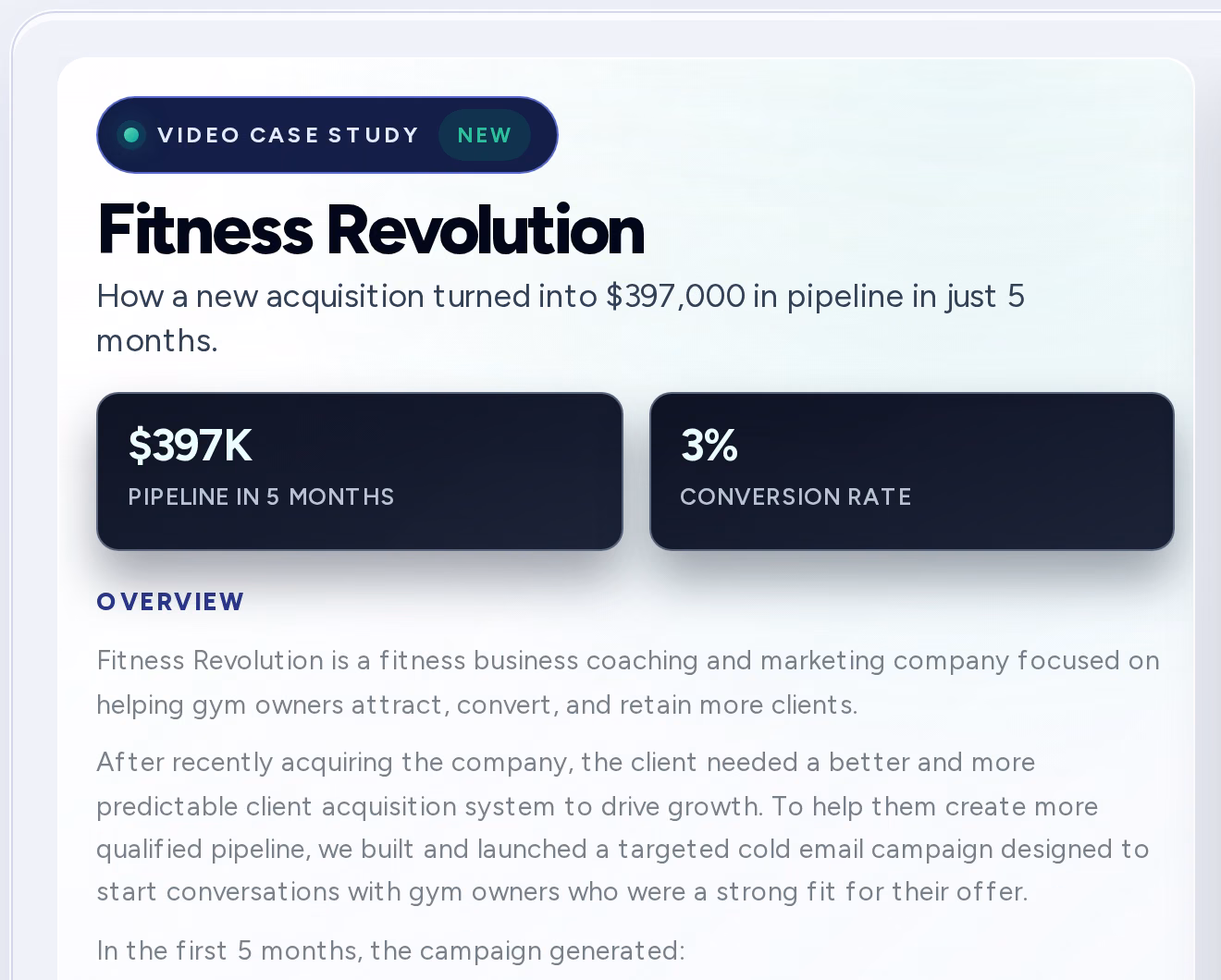 SocialBloom case study card reporting $397,000 in pipeline over five months for Fitness Revolution