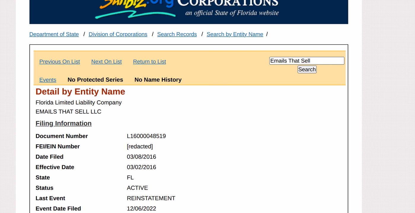 Florida Division of Corporations record for Emails That Sell LLC, the entity named in the SalesBread website footer, showing active status and a 2016 filing date