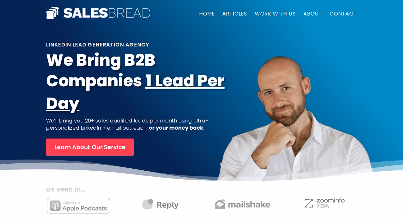SalesBread homepage headline promising B2B companies one lead per day with a money-back guarantee
