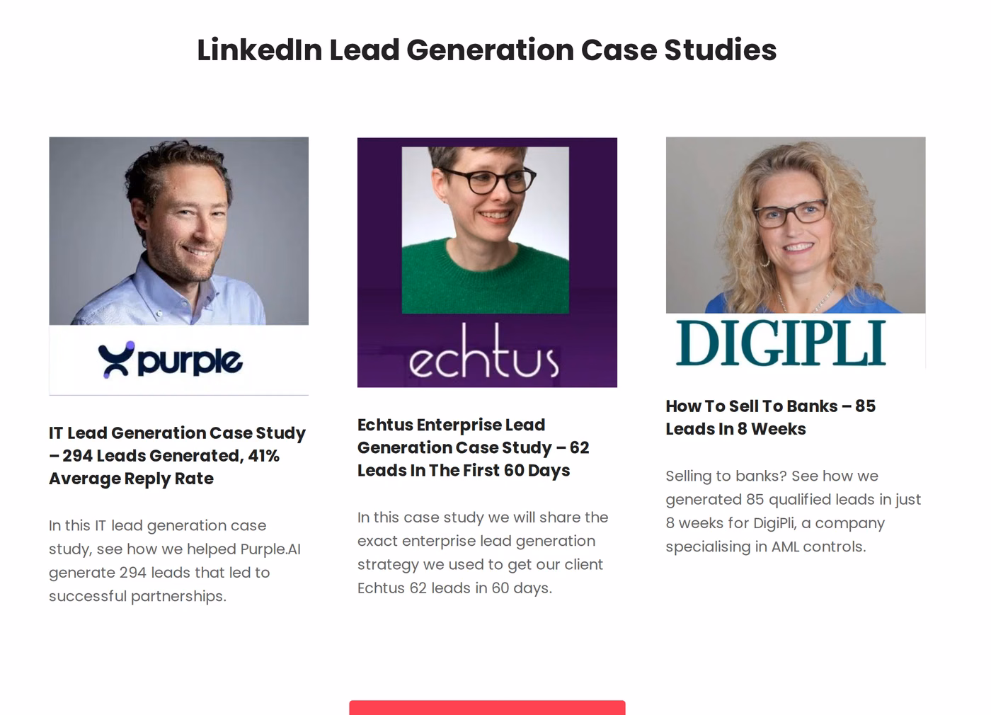 SalesBread case study cards for Purple.ai, Echtus and DigiPli showing 294 leads, 62 leads and 85 leads