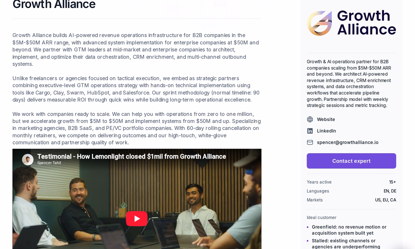 Growth Alliance profile page in the Salesforge Forge Expert directory showing ARR focus, markets and ideal customer