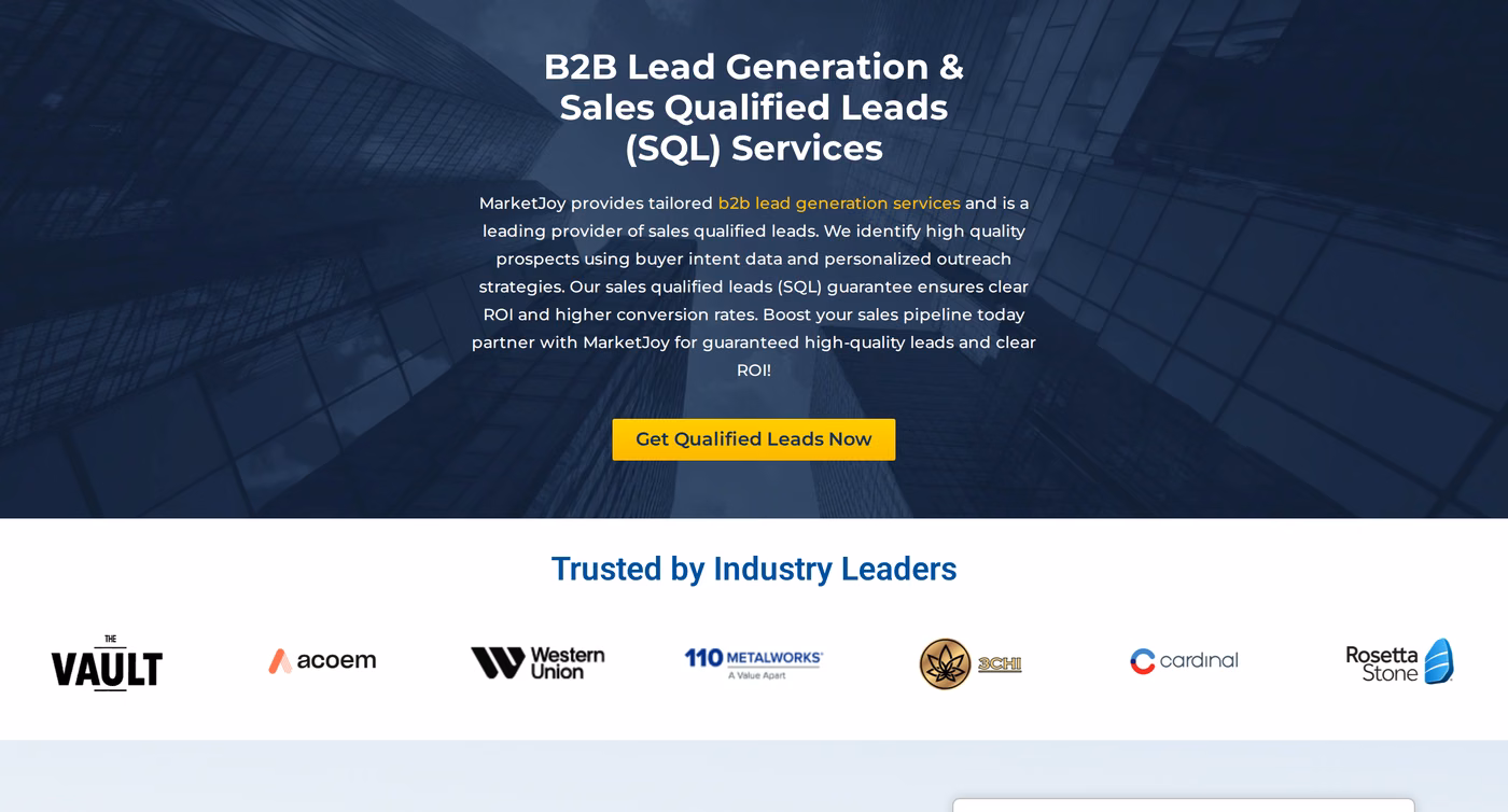 MarketJoy homepage hero showing the B2B lead generation and sales qualified leads headline and client logo strip
