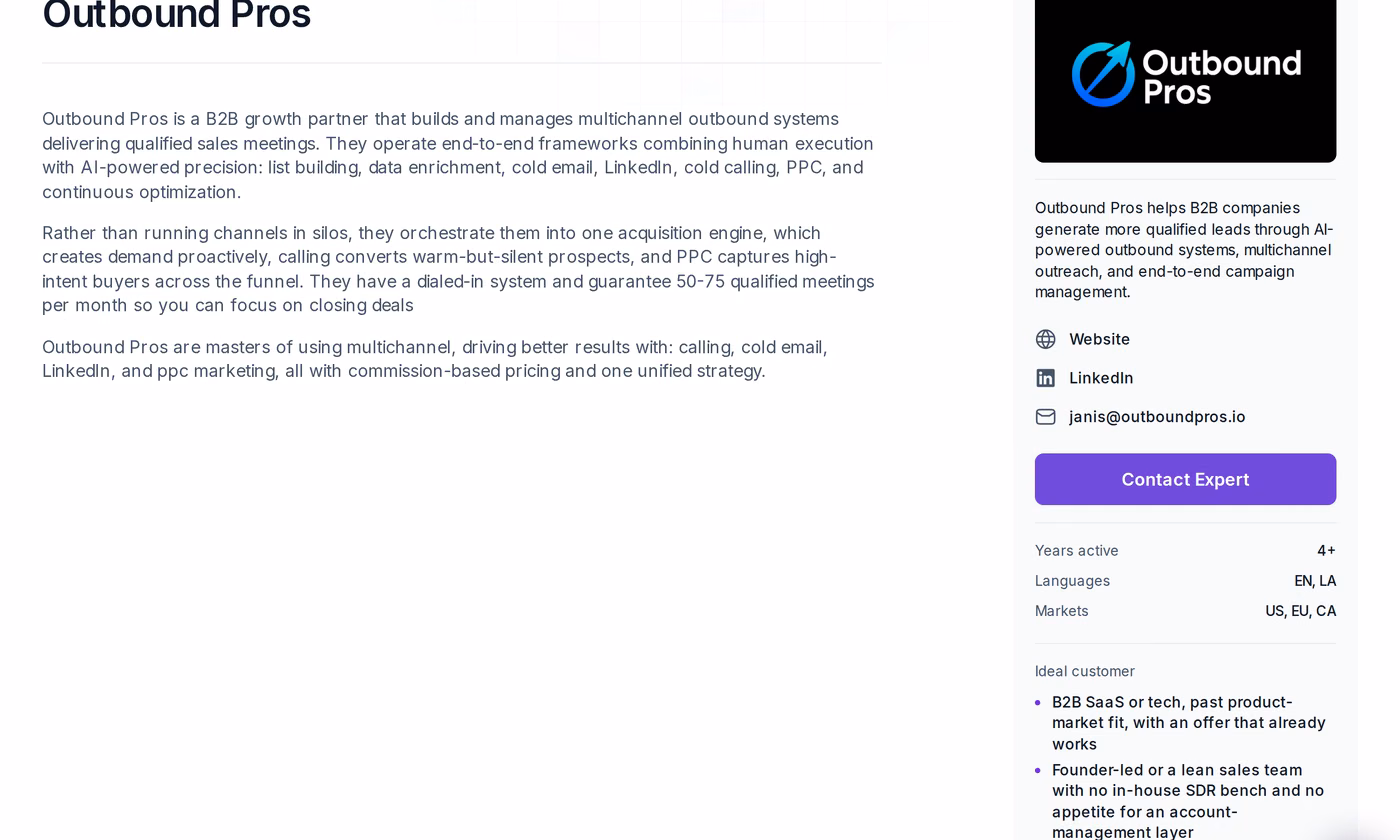 Outbound Pros profile page in the Salesforge Forge Expert directory showing services, markets and ideal customer