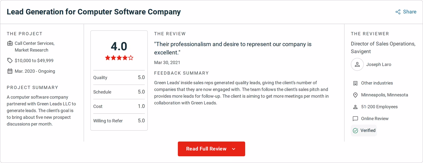 Verified Clutch review of Green Leads LLC from Joseph Laro, Director of Sales Operations at Savigent, dated March 30, 2021, scoring cost 1.0 out of 5