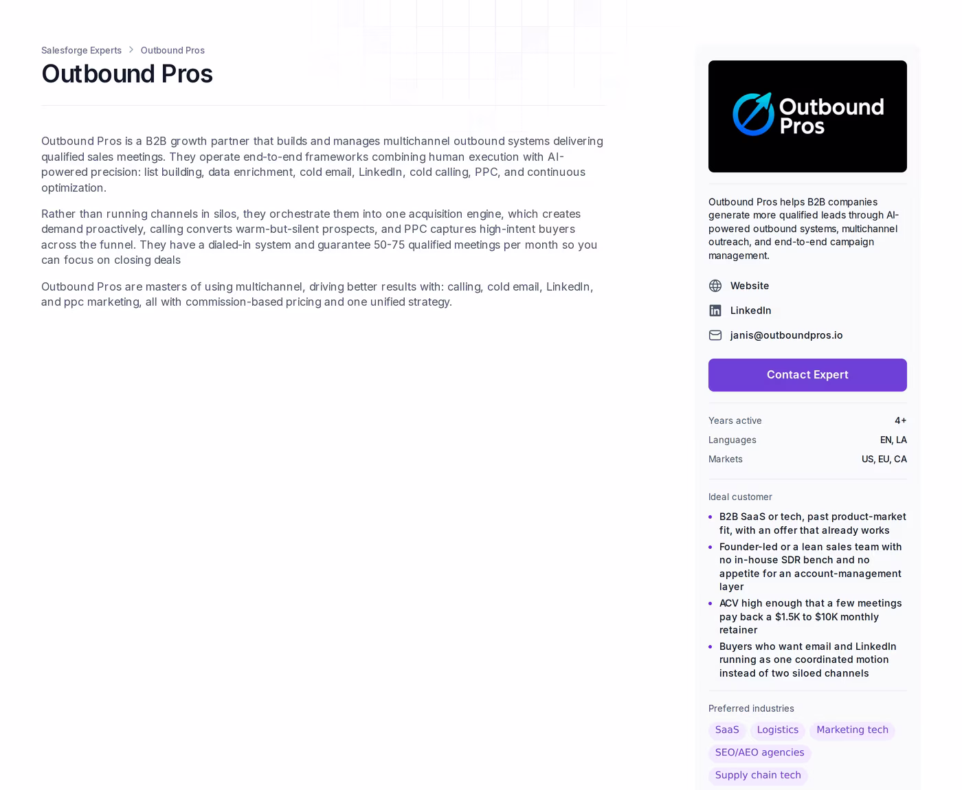 Outbound Pros profile page in the Salesforge Forge Expert directory showing services, markets, and ideal customer criteria