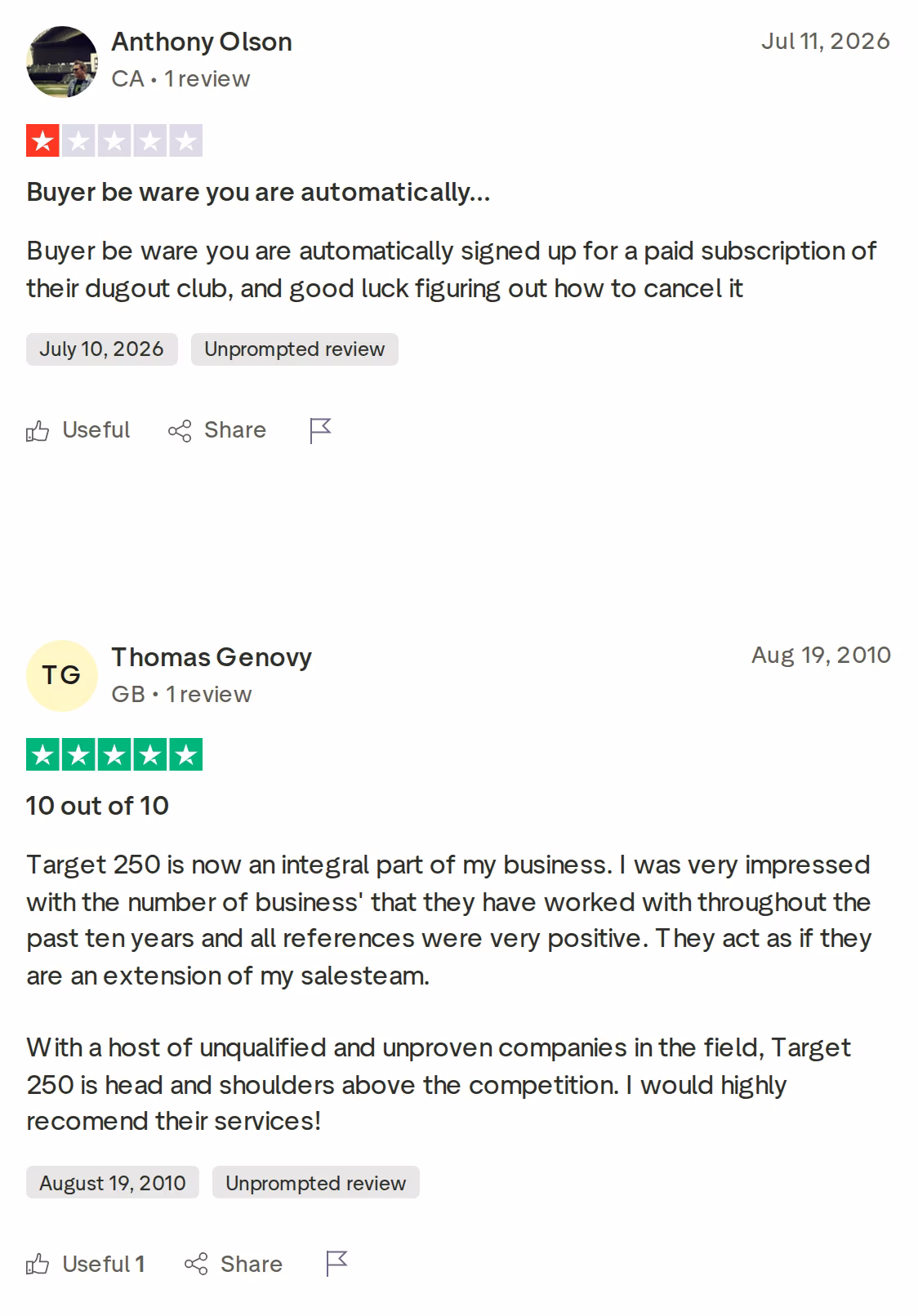 Two reviews on the green-leads.com Trustpilot profile: a July 2026 complaint about a subscription club and an August 2010 review naming Target 250